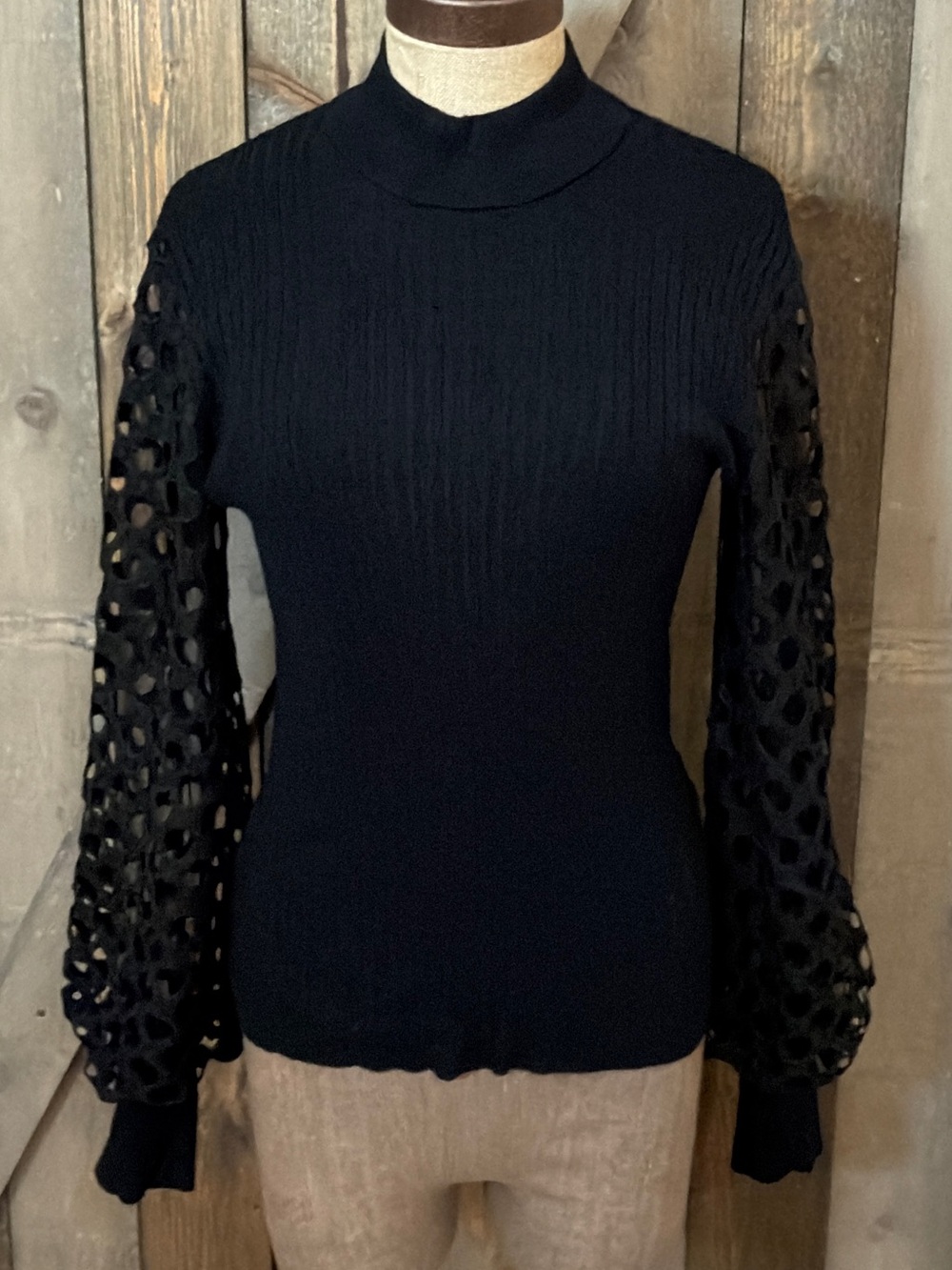 Anthropologie Calligraphie Black Ribbed Mockneck Mesh Openwork Sleeve Sweater